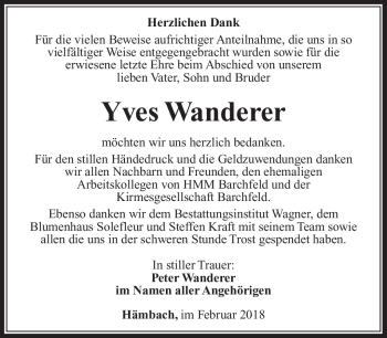 Traueranzeige von Yves Wanderer von Südthüringer Presse