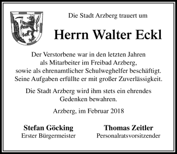Traueranzeige von Walter Eckl von Frankenpost