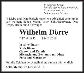 Traueranzeige von Wilhelm Dörre von Südthüringer Presse