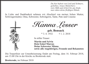 Traueranzeige von Hanna Lesser von Südthüringer Presse