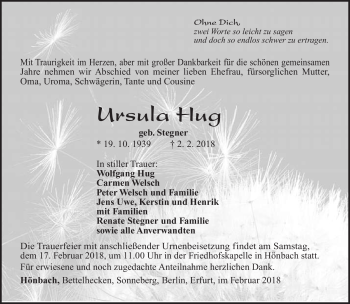 Traueranzeige von Ursula Hug von Südthüringer Presse