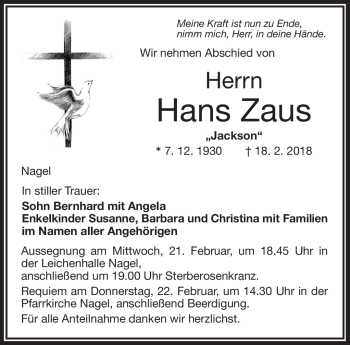 Traueranzeige von Hans Zaus von Frankenpost