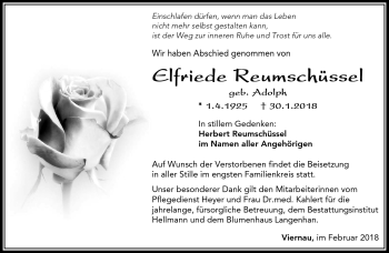 Traueranzeige von Elfriede Reumschlüssel von Südthüringer Presse