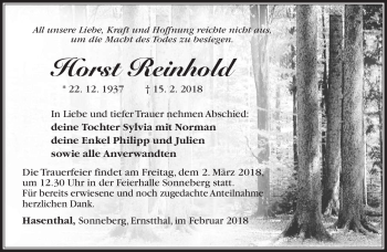 Traueranzeige von Horst Reinhold von Südthüringer Presse
