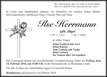 Traueranzeige von Ilse Herrmann von Südthüringer Presse