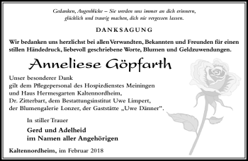 Traueranzeige von Anneliese Göpfarth von Südthüringer Presse