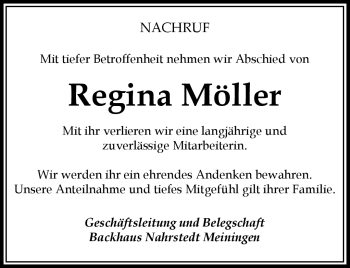 Traueranzeige von Regina Möller von Südthüringer Presse