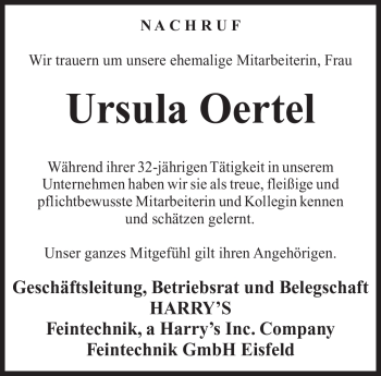 Traueranzeige von Ursula Oertel von Südthüringer Presse