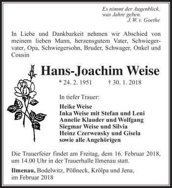 Traueranzeige von Hans-Joachim Weis von Südthüringer Presse