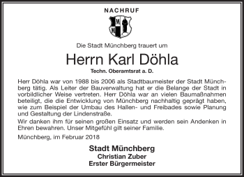Traueranzeige von Karl Döhla von Frankenpost