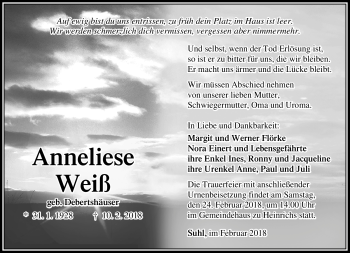 Traueranzeige von Anneliese Weiß von Südthüringer Presse