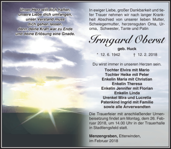 Traueranzeige von Irmgard Oberst von Südthüringer Presse