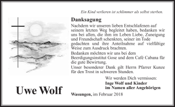 Traueranzeige von Uwe Wolf von Südthüringer Presse
