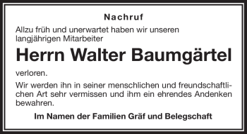 Traueranzeige von Walter Baumgärtel von Frankenpost