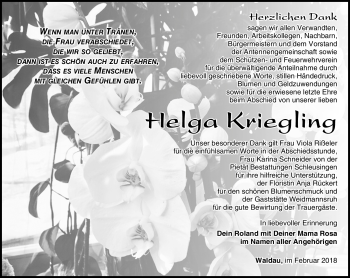 Traueranzeige von Halga Kriegling von Südthüringer Presse