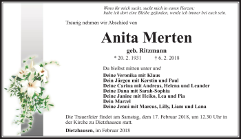 Traueranzeige von Anita Merten von Südthüringer Presse