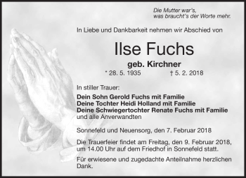 Traueranzeige von Ilse Fuchs von Neue Presse Coburg