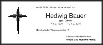 Traueranzeige von Hedwig Bauer von Frankenpost