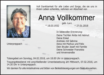 Traueranzeige von Anna Vollkommer von Neue Presse Coburg