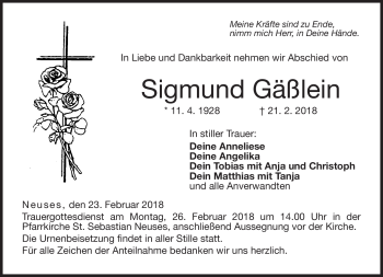 Traueranzeige von Sigmund Gäßlein von Neue Presse Coburg