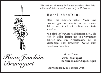 Traueranzeige von Hans Joachim Braungart von Südthüringer Presse