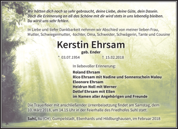 Traueranzeige von Kerstin Ehrsam von Südthüringer Presse