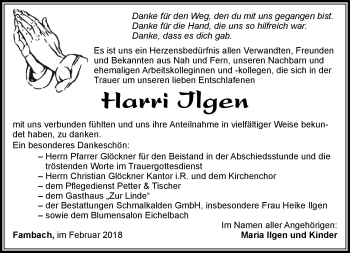 Traueranzeige von Harri Ilgen von Südthüringer Presse
