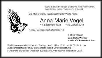 Traueranzeige von Anna Marie Vogel von Frankenpost