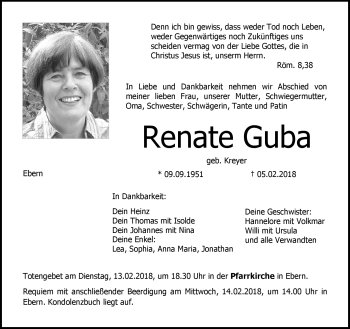 Traueranzeige von Renate Guba von Neue Presse Coburg