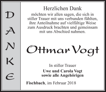 Traueranzeige von Ottmar Vogt von Südthüringer Presse