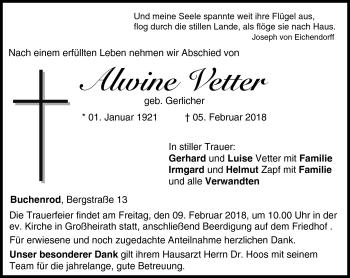 Traueranzeige von Alwine Vetter von Neue Presse Coburg
