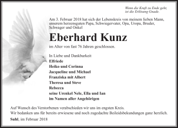 Traueranzeige von Eberhard Kunz von Südthüringer Presse