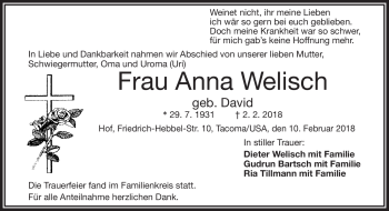Traueranzeige von Anna Welisch von Frankenpost