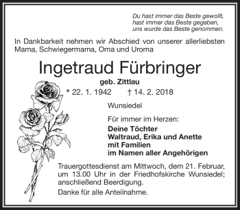 Traueranzeige von Ingetraud Fürbringer von Frankenpost
