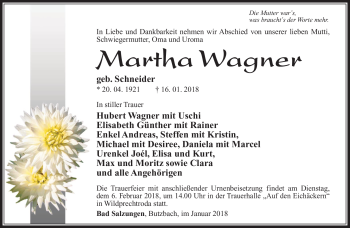 Traueranzeige von Martha Wagner von Südthüringer Presse