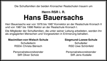 Traueranzeige von Hans Bauersachs von Neue Presse Coburg
