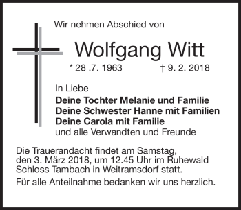 Traueranzeige von Wolfgang Witt von Neue Presse Coburg