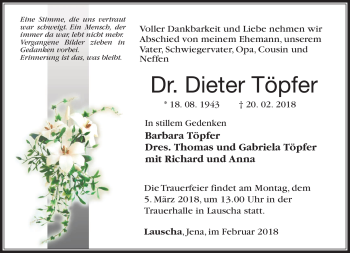 Traueranzeige von Dieter Töpfer von Südthüringer Presse