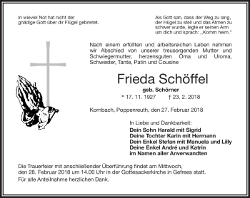 Traueranzeige von Frieda Schöffel von Frankenpost