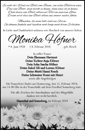 Traueranzeige von Monika Höfner von Südthüringer Presse