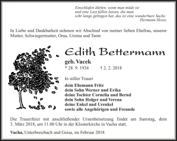 Traueranzeige von Edith Bettermann von Südthüringer Presse