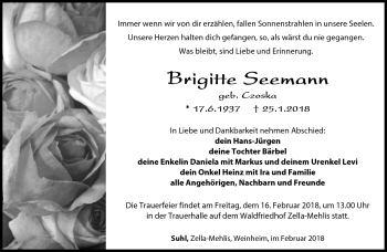 Traueranzeige von Brigitte Seemann von Südthüringer Presse
