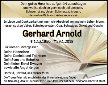 Traueranzeige von Gerhard Arnold von Südthüringer Presse