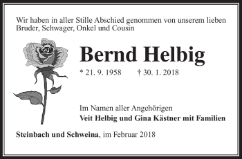 Traueranzeige von Bernd Helbig von Südthüringer Presse
