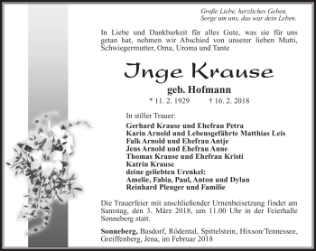 Traueranzeige von Inge Krause von Südthüringer Presse
