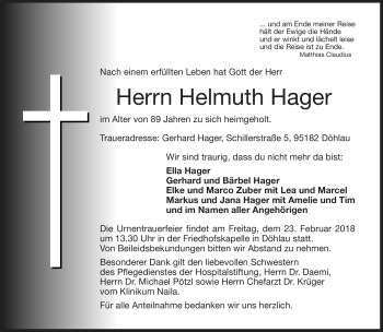 Traueranzeige von Helmuth Hager von Frankenpost