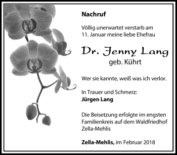 Traueranzeige von Jenny Lang von Südthüringer Presse