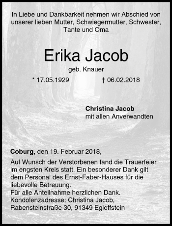 Traueranzeige von Erika Jacob von Neue Presse Coburg