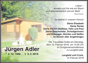 Traueranzeige von Jürgen Adler von Südthüringer Presse