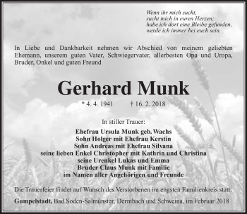 Traueranzeige von Gerhard Munk von Südthüringer Presse
